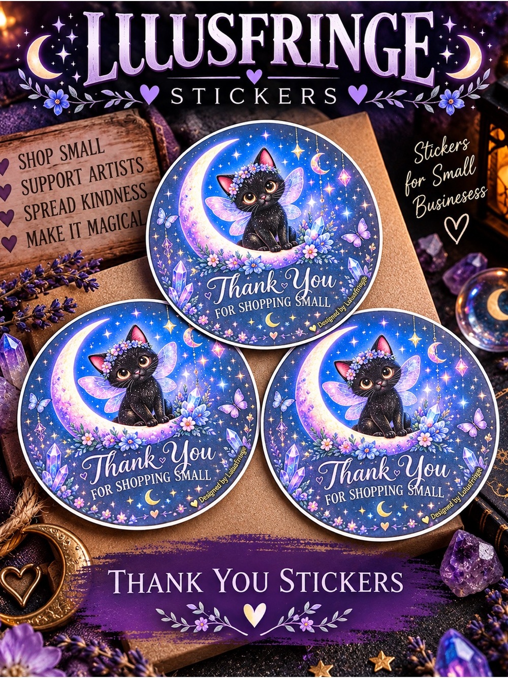 24/$15 Artisan Purple & Blue Moonlit Cat Thank You Stickers